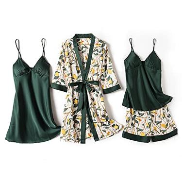 Imagem de Pijama feminino de cetim curto quimono robe pijama vestido lingerie de renda conjunto roupão de banho camisola G preto 4 peças (Lakegreen a)