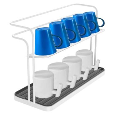 Imagem de MABCIRY Escorredor de garrafas com bandeja de drenagem removível, suporte de armazenamento de copos de 2 camadas, suporte organizador de canecas, escorredor de copos para bancada, suporte de secagem