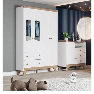 Imagem de Cômoda e Guarda Roupa Infantil Ambiente Confete Branco Brilho Jequitib