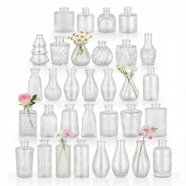 Imagem de BEAHOT Pacote com 32 vasos de flores de botão a granel, mini vasos transparentes de vidro vintage para centros de mesa, decoração de casamento, decoração de festa e casa, dia das mães (transparente)