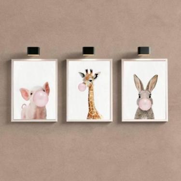 Imagem de Quadro Decorativo Bichinhos Chicletes Rosa 24X18Cm 3 Peças