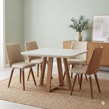Imagem de Conjunto Sala de Jantar Mesa Bennet com Vidro 4 Cadeiras Giratórias Madeira Maciça Dakota Natural/Champanhe