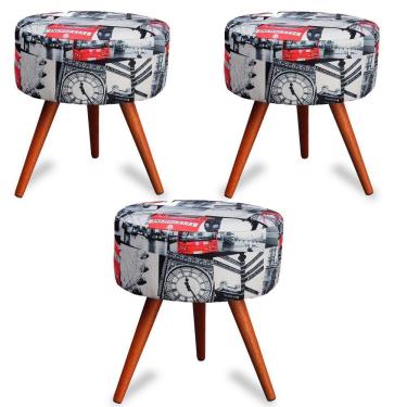 Imagem de Kit 3 Puff Cama Inbox Londres Redondo Com Pés Em Madeira Maciça Tecido Suede