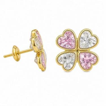 Imagem de Brinco em Ouro 18k com Zircônia Fixo Trevo - Par - Justino Ribas, Rosa