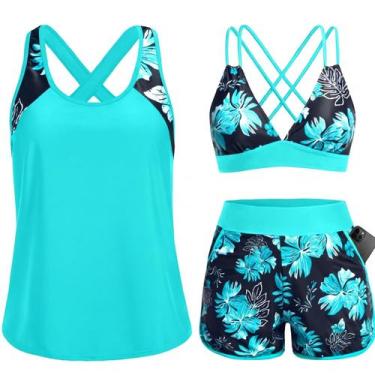Imagem de Maiô Daci Tankini 3 Peças Azul Floral com Controle de Barriga