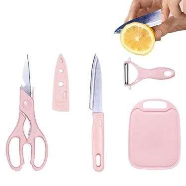 Imagem de alimentos seguro para crianças, Tesoura comida criança, Conjunto cortador e tábua corte viagem 4 peças, utensílios cozinha tábua corte Xuany