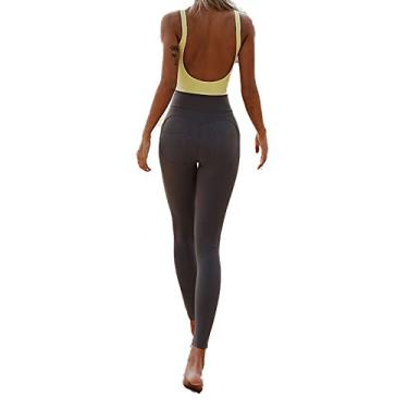 Imagem de Yajun Macacão de ioga sem costura feminino sem mangas conjunto de leggings esportivas com costas acolchoadas e oco para fitness, cinza, P (47 kg)