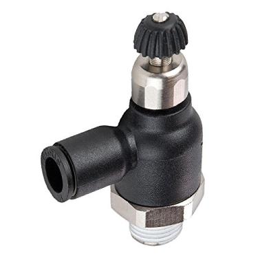 Imagem de Parker FCC731-6M-2R-pk10 Regulador de controle de fluxo, tubo para tubo, composto, empurrar para conectar e macho BSPT ângulo reto compacto, montagem direta, 6 mm e 1/8" (pacote com 10)