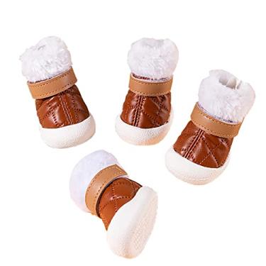 Imagem de Botas de cachorro sapatos impermeáveis sola robusta botas de cachorro respiráveis sapatos de caminhada para cães pequenos médios sapatos de filhote para pavimento quente, pacote com 4, marrom, tamanho 5