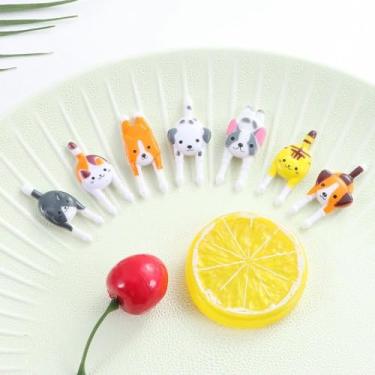 Imagem de Mini Garfinhos Palitinhos Infantil Crianças para Petiscos, Lanches e Lancheiras Para Frutas. FORMATO: CÃES E GATOS - 7pçs