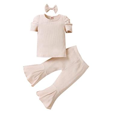Imagem de Conjunto de 2 peças para bebês meninas, camiseta de manga curta e calça flare com faixa de cabeça, conjunto de roupas de verão, Bege, 3-4 Anos
