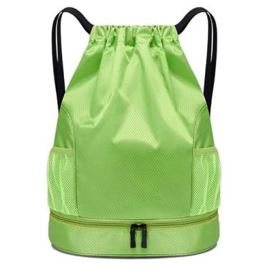Imagem de Bolsa com cordão, mochila leve com suporte para garrafa de água e bolsos, mochila esportiva de ginástica, Verde, Large, Esportes