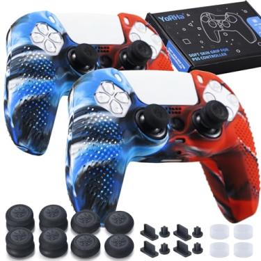 Imagem de YoRHa Capa de silicone para controle PS5 x 2 (Camou Vermelho + Azul) com 8 alças de polegar, plugues x 8, protetores analógicos x 4