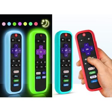Imagem de (Pacote com 4) ONEBOM Capa para controle remoto Roku, capa para Hisense/TCL Roku TV Steaming Stick/Express Controle universal de substituição de silicone manga de silicone que brilha no escuro (verde,