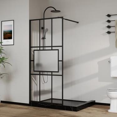 Imagem de Goodyo Painel de vidro temperado com moldura fixa para porta de chuveiro de 86 cm x 182 cm para box de chuveiro, padrão de grade, vidro fosco médio, acabamento preto