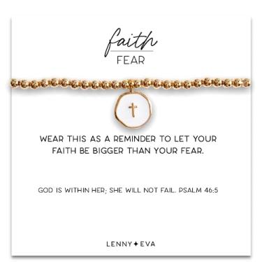 Imagem de Lenny & Eva Pulseiras elásticas femininas Faith Over Fear Cross com mensagem no cartão, Bracelet, Placa dourada sobre latão, Sem pedras preciosas