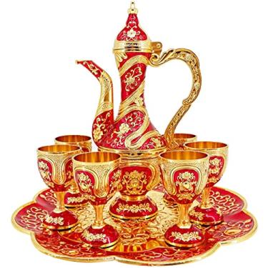 Imagem de Conjunto vintage turco de cafeteira e xícaras, conjunto de chá incluindo bule, bandeja de chá e copos de metal para decoração de armário de vinho, presentes de casamento (dourado e vermelho)