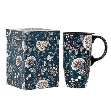 Imagem de DUSVALLY Caneca de café de cerâmica, xícara de chá de 500 ml, caneca de porcelana fofa com alça e caixa de cor, flores