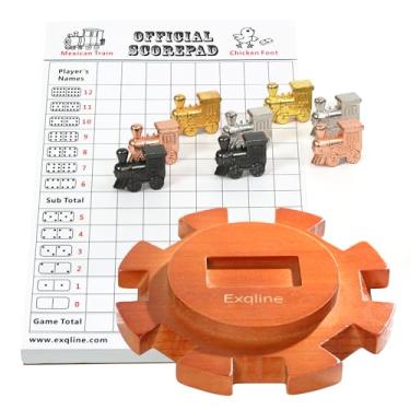 Imagem de Exqline - Conjunto de Acessórios para Mexican Train Dominoes - Inclui Cubo de Madeira, 70 Folhas Scorepad e 8 Marcadores de Trem de Metal