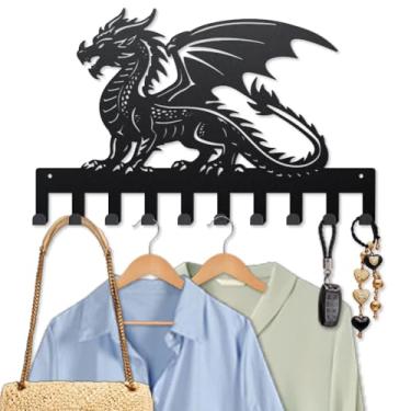 Imagem de MAYJOYDIY Ganchos de metal dragão para parede 15,7 × 23,8 cm Porta-chaves montado na parede dragão alado dominador 10 ganchos animal mítico preto arte porta-chaves para casacos, chapéus, toalhas,
