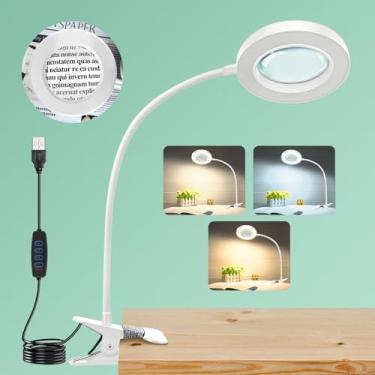 Imagem de Lupa de 10 x com luz, fixador de encaixe com luz, lupa de mesa de 48 LEDs com braçadeira, 3 modos de ampliação regulável, lâmpadas de LED para cama, trabalho, artesanato, reparo DIY, branco