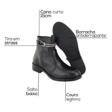 Imagem de Bota Feminina Couro Legitimo Cano Curto Sola Salto Baixo Strass Ziper 