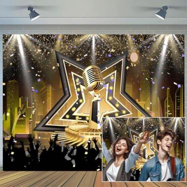 Imagem de Decoração de festa de karaokê de 3,5 x 2,5 m, fundo fotográfico de cenário, música estrela, feliz aniversário, faixa temática de rock and roll, decoração de parede, toalha de mesa