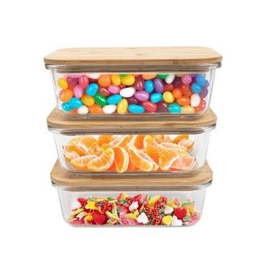 Imagem de kit 3 potes de vidro 800ml tampa de bambu hermético marmita retangular