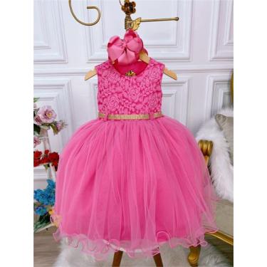 Imagem de Vestido Infantil Pink C/ Renda e Peito Strass Cinto Luxo - menina boni