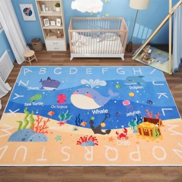 Imagem de AKASISRUG Tapete Infantil ABC, Alfabeto Baleia, Tapete Educativo, Antiderrapante, Lavável, 150 cm x 100 cm, Multicolor
