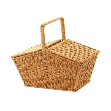 Imagem de WeiLaiKeQi Cesto e alça de, cesta de vime de imitação artesanal com tampa, cesta tecida para o verão, Amarelo