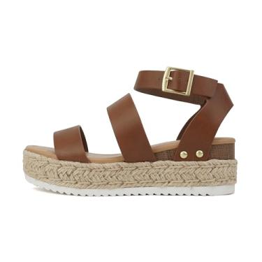 Imagem de Soda Top Shoe Bryce bico aberto fivela tira no tornozelo alpargatas flatform Wedge Casual Sanda, Conhaque PU, 41