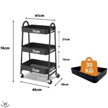 Imagem de Carrinho Organizador com 3 Prateleiras, Metal Preto, com Rodízios, par
