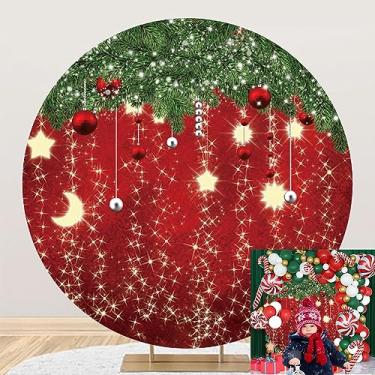 Imagem de OERJU Capa de fundo redonda de Natal, cenário de fotos de Natal, bolas de Natal, árvore de Natal, estrelas brilhantes, fundo vermelho, ano novo, suprimentos de decoração de festa de Natal, adereços de