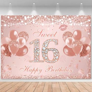 Imagem de Ayayiya Sweet Banner de aniversário de 16 anos rosa dourado doce dezesseis decorações de festa doce 16 pano de fundo glitter bolinhas balões meninas 16 anos de idade suprimentos de festa de
