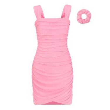 Imagem de EXARUS Vestido feminino franzido colado ao corpo com sutiã embutido, malha de malha frontal, bainha para adolescentes, dança, mini vestido lápis, rosa, 10 Anos
