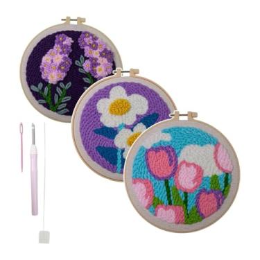 Imagem de rockible Kit de ponto de partida do bordado da agulha do punção kit de ponto cruzado com kit de costura de punção de padrão de flores para decoração para, Roxo