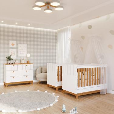 Imagem de Quarto Bebê Gêmeos com 2 Berços Mini Cama e Cômoda 6 Gavetas Liza Permobili
