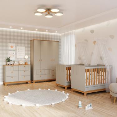 Imagem de Quarto Bebê Gêmeos com 2 Berços Mini Cama Cômoda  e Guarda Roupa Liza Permobili
