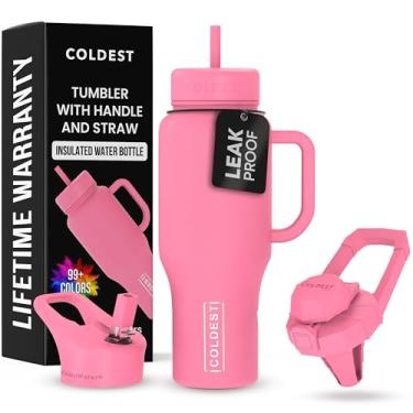 Imagem de Copo Coldest com alça e canudo, copo isolado 100% à prova de vazamento com tampa e canudo (3 tampas), copos de aço inoxidável para mulheres e homens, compatível com porta-copos, 1,020 g (Perfeição