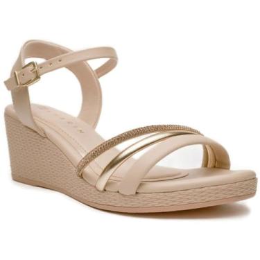 Imagem de Sandália Anabela Ramarim Tiras Strass Feminina - Bege - 37