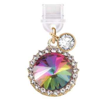 Imagem de ELISE & FONDA TP586 Tipo-C porta de carregamento antipoeira pequeno pingente de celular redondo cristal para iPhone 15/16/Samsung/OnePlus/Xiaomi/oppo telefones Android (arco-íris)