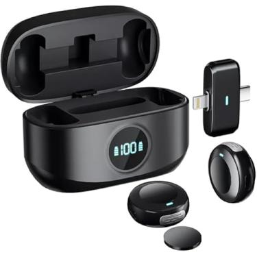 Imagem de Microfone Lapela Sem Fio Duplo Lapela profissional sem fio com capa de carregamento, 2 mini microfones sem fio com cancelamento de ruído, Display LED, Compatível com iPhone/iPad e Tipo C