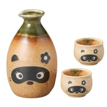 Imagem de Guaxinim Tanuki Tokkuri de cerâmica japonesa Mino Ware (garrafa de saquê) e 2 guinomi(copos de saquê) feitos no Japão