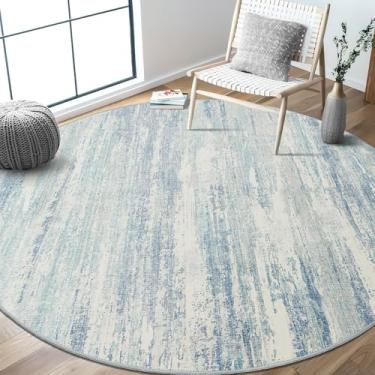Imagem de MUJOO Tapetes redondos de 1,8 m, tapete circular lavável, tapetes circulares para sala de estar, sala de jantar, grande, moderno, abstrato, antiderrapante, com detalhes em azul neutro