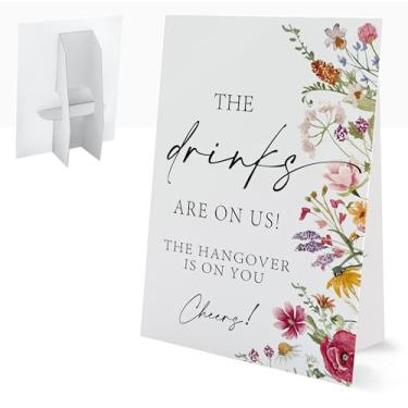 Imagem de Placa The Drinks Are On Us, placas de casamento para cerimônia e recepção, decorações florais de chá de panela, sinalização de casamento com suporte, decoração de chá de panela, suprimentos de festa