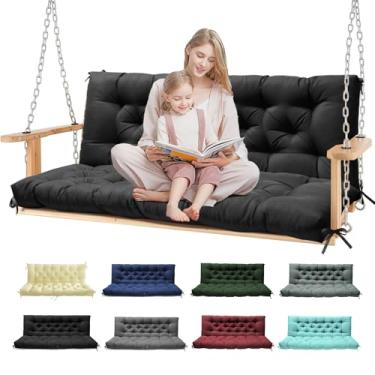 Imagem de Tycdiose Almofadas de balanço para varanda, à prova d'água, para móveis de exterior, almofadas de balanço espessas de substituição para ambientes externos de 2 a 3 lugares com laços (preto, 152 x 122