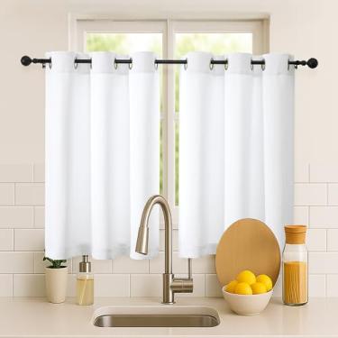 Imagem de Simplebrand Conjunto de 2 painéis de cortinas curtas brancas puras para café, 91 cm de comprimento, 2 painéis, com filtragem de luz, argolas para cozinha, cortinas macias de privacidade para persianas