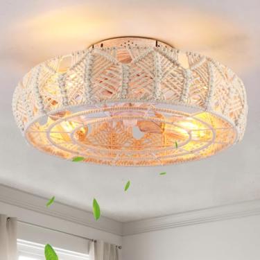 Imagem de XUDOM Ventiladores de teto com gaiola Boho com luzes e controle remoto de 50,8 cm, montagem embutida, reversível, 6 velocidades, fechado, discreto, cabo de algodão, sem lâminas, ventilador de teto com