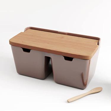 Imagem de WOLFF - Saleiro de Cerâmica 2 Divisórias com Tampa e Colher de Bambu Areia 9,5cm x 19cm x 8,5cm